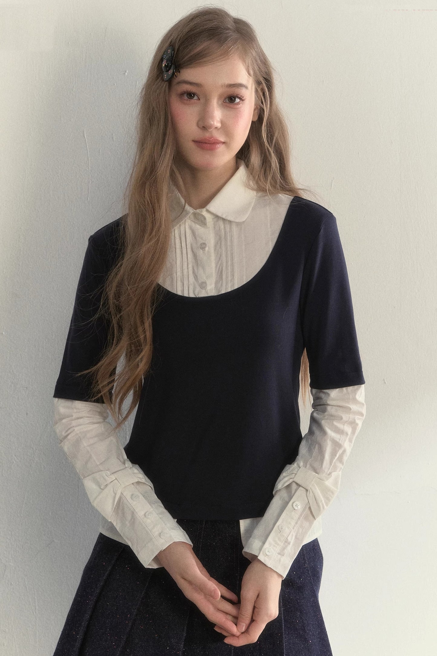 Retro Navy Faux Two-Piece Top