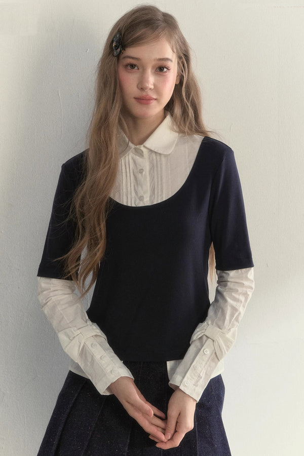 Retro Navy Faux Two-Piece Top