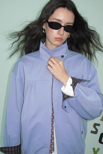 Vintage Plaid Stand-Up Collar Jacket