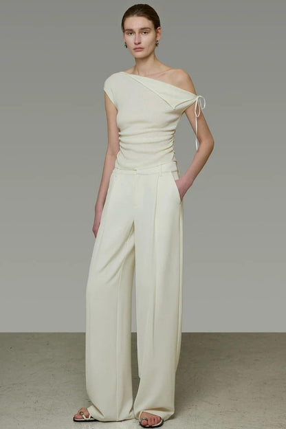 Off-White Pleated Wide-Leg Pants