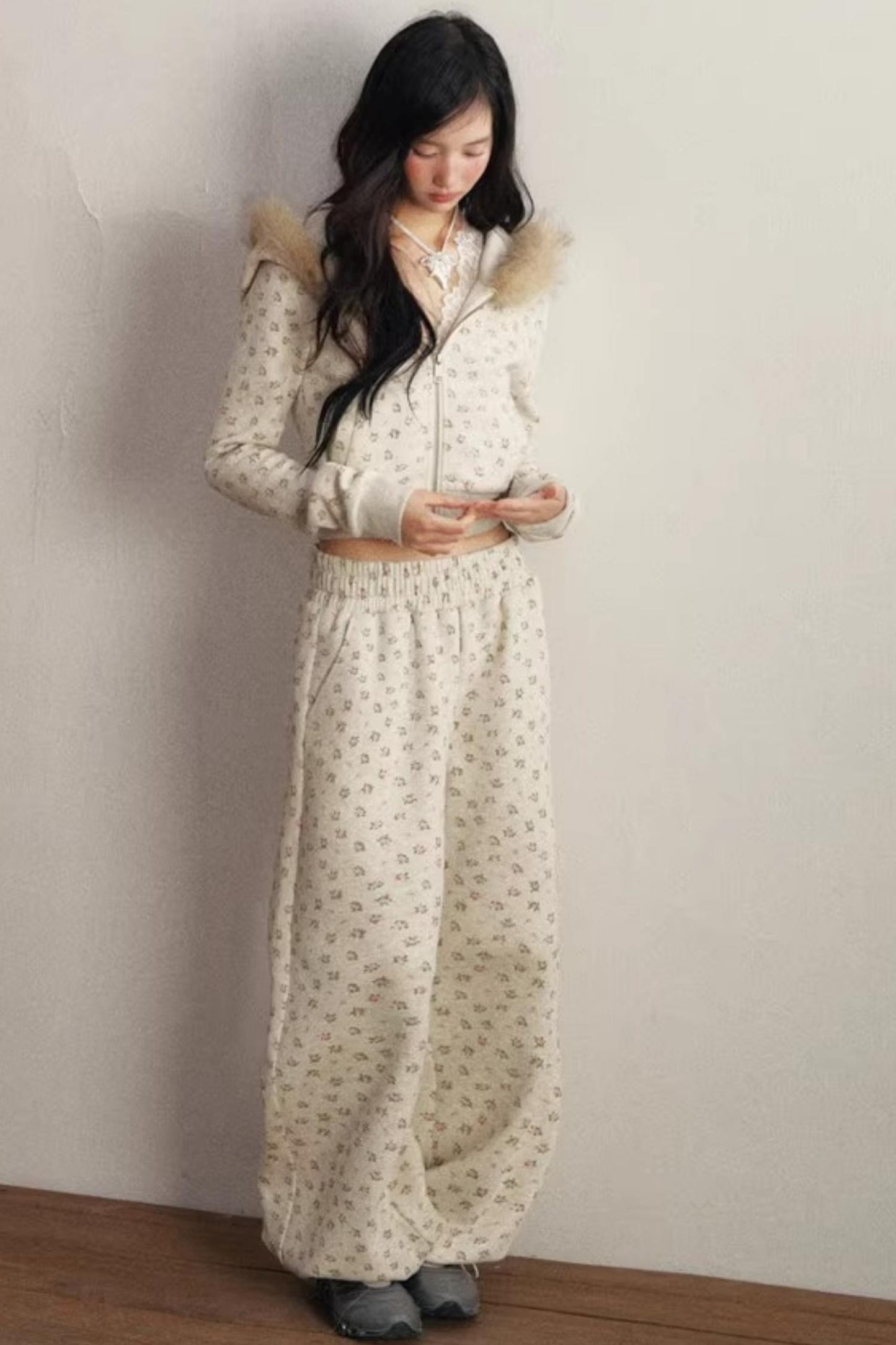 Elastic Floral Fleece Hooded Jacket Set-Up