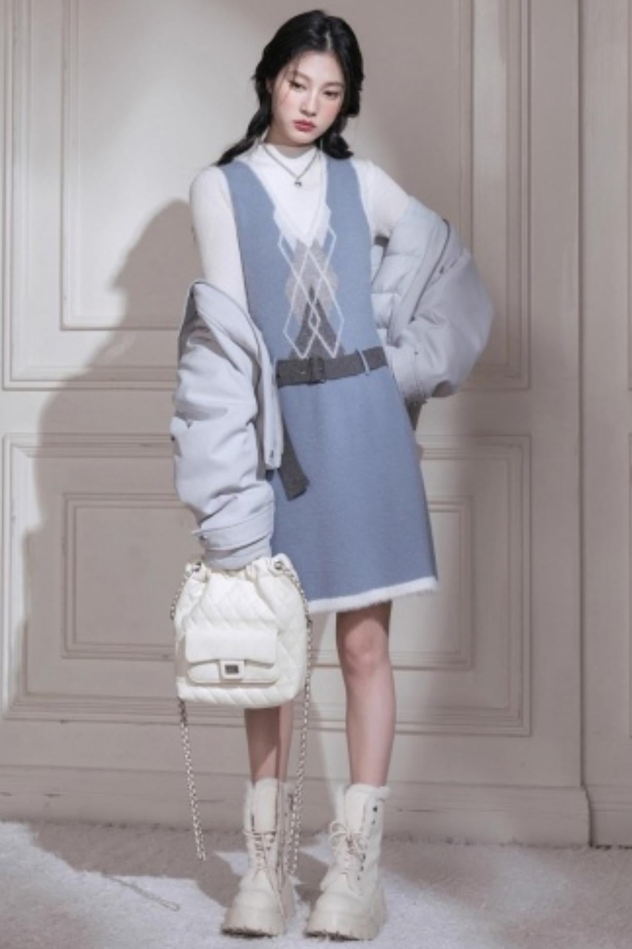 Mist Blue Diamond Plaid Vest Dress