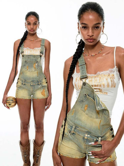 Denim Distressed Vintage Suspender Pants