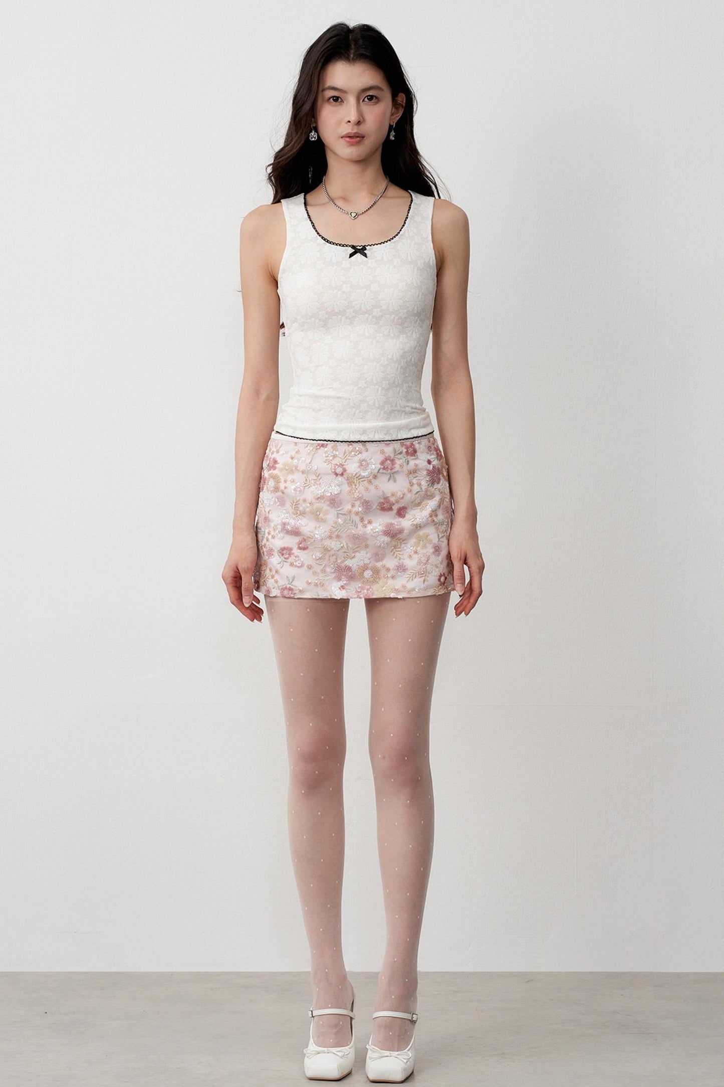 Illusion Pailletten Blumen Mesh A-Linien-Rock