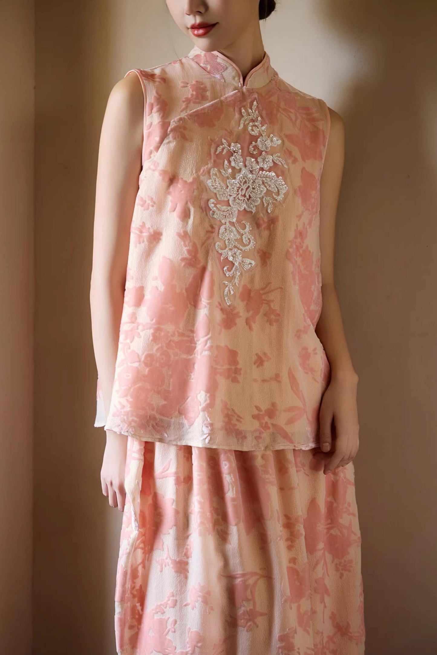 Embroidered Pink Cheongsam Skirt Set-Up