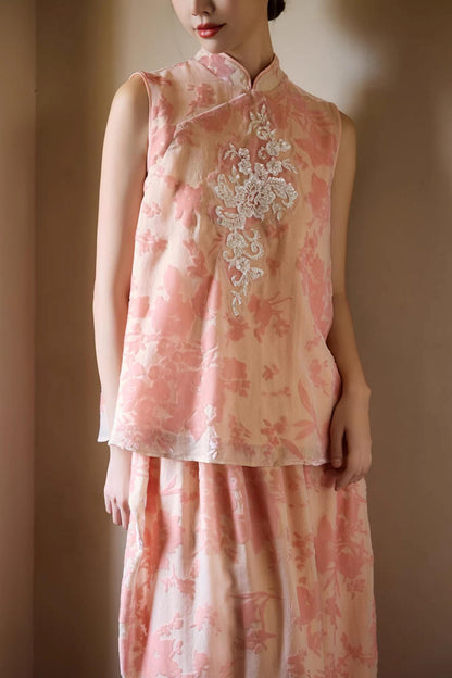 Embroidered Pink Cheongsam Skirt Set-Up
