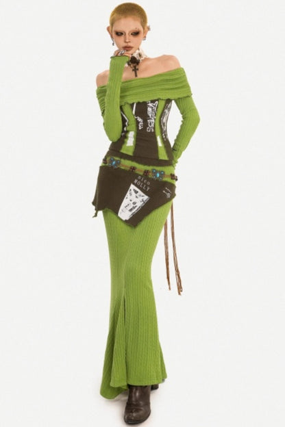 Green Off-Shoulder Top Skirt Set-Up