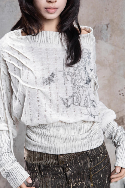 Printed One-Line Collar Knit Top