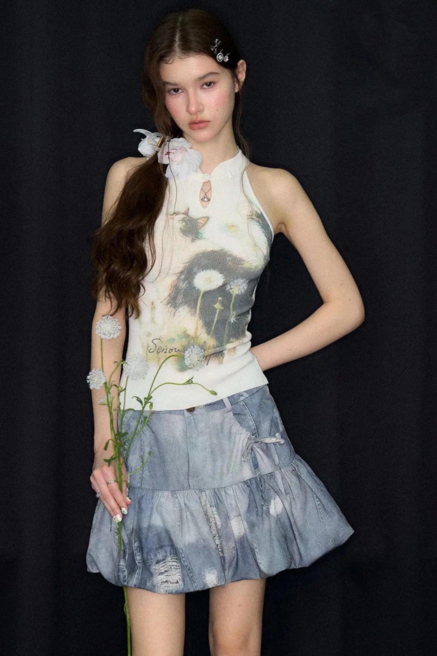 White Cat Print Knit Halter Top