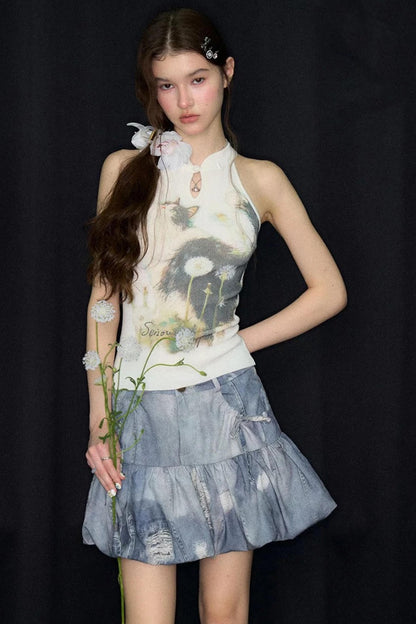 White Cat Print Knit Halter Top