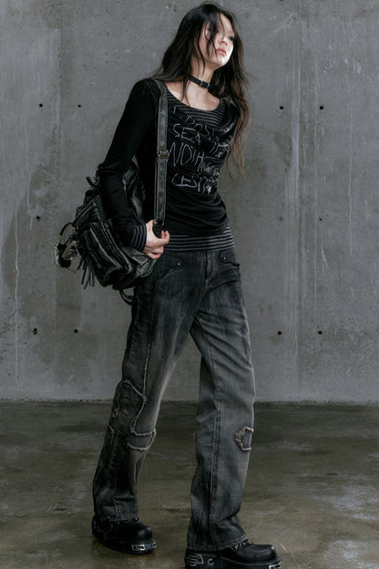 Brushed Retro Straight-Leg Punk Jeans