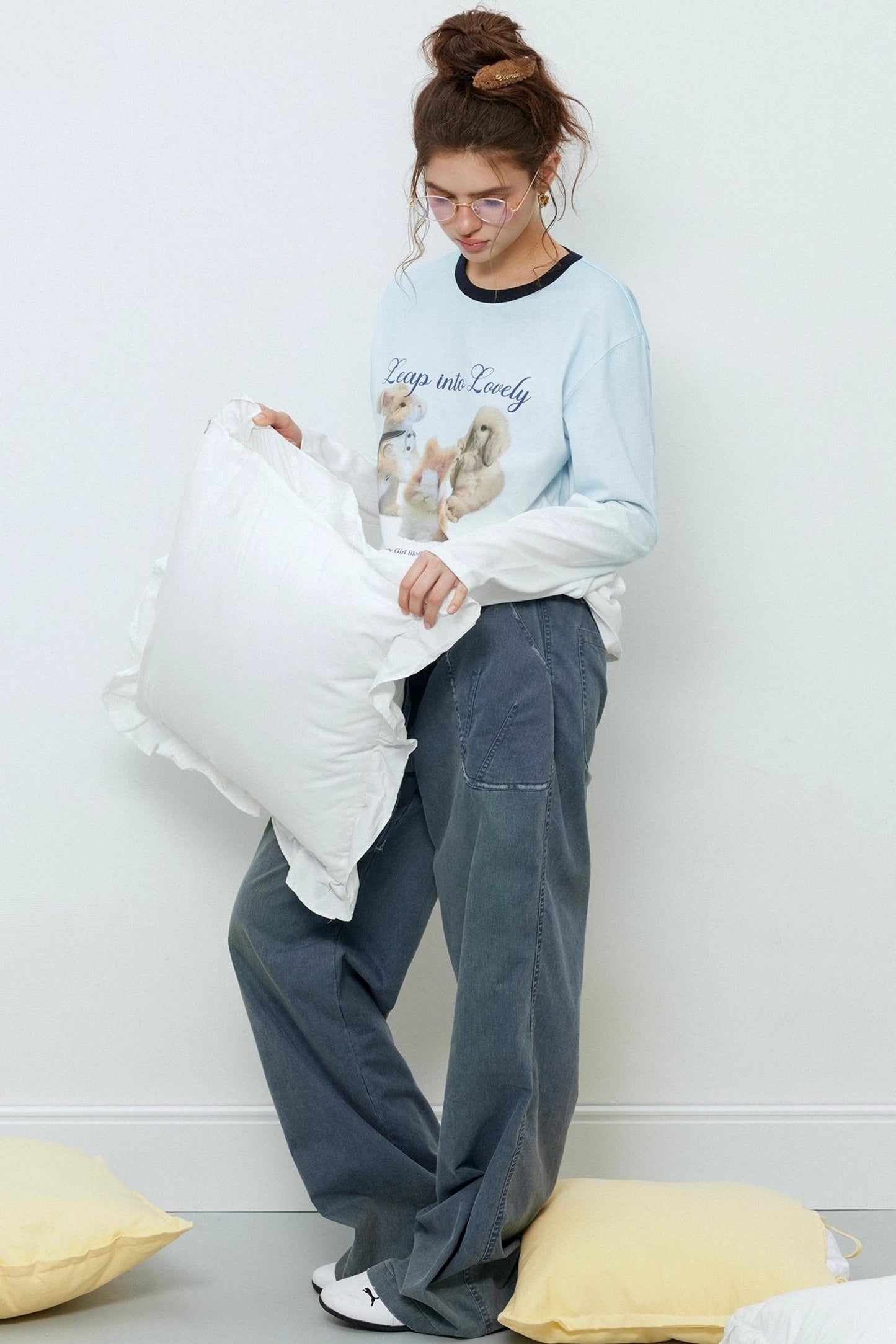 Washed Distressed Cuffed Waist Loose Pants