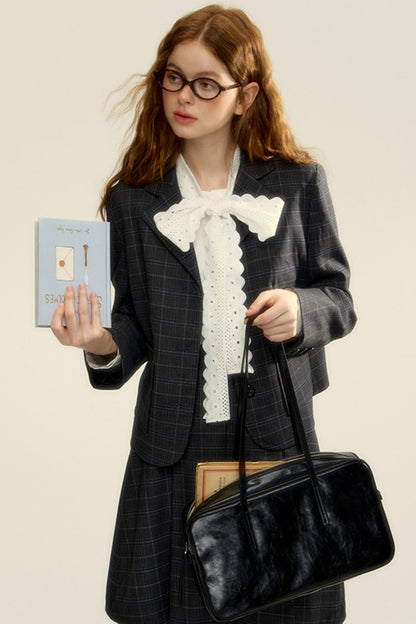 Gray Blue Plaid College Style Short Coat