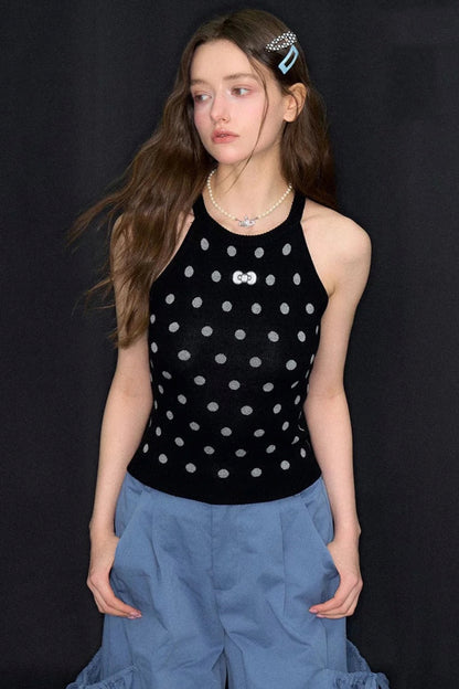 Black Polka Dot Knit Halter Top