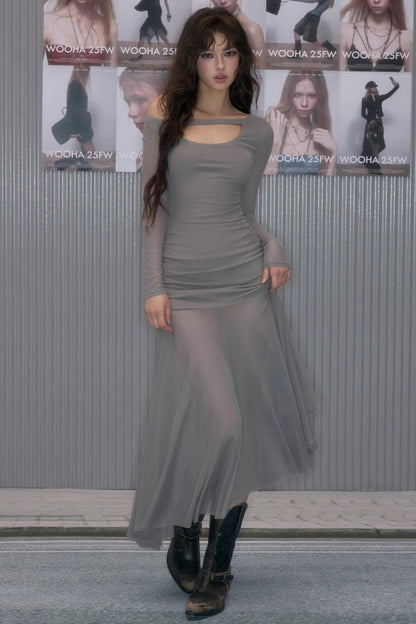 Hollow Collar Inner Spliced Long Dress