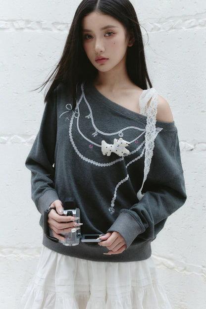 Gray Slanted Shoulder Tie Sweatshirt