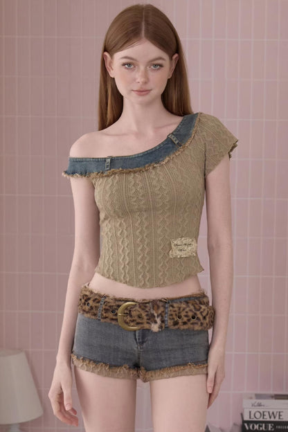 Summer Asymmetrical Denim-Knit Tee