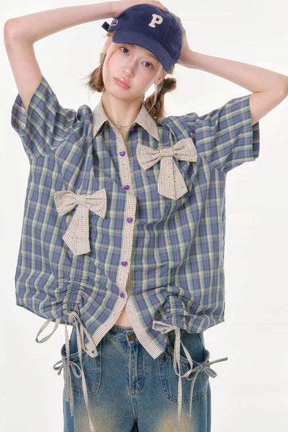 Purple Green Plaid Bow Drawstring Shirt