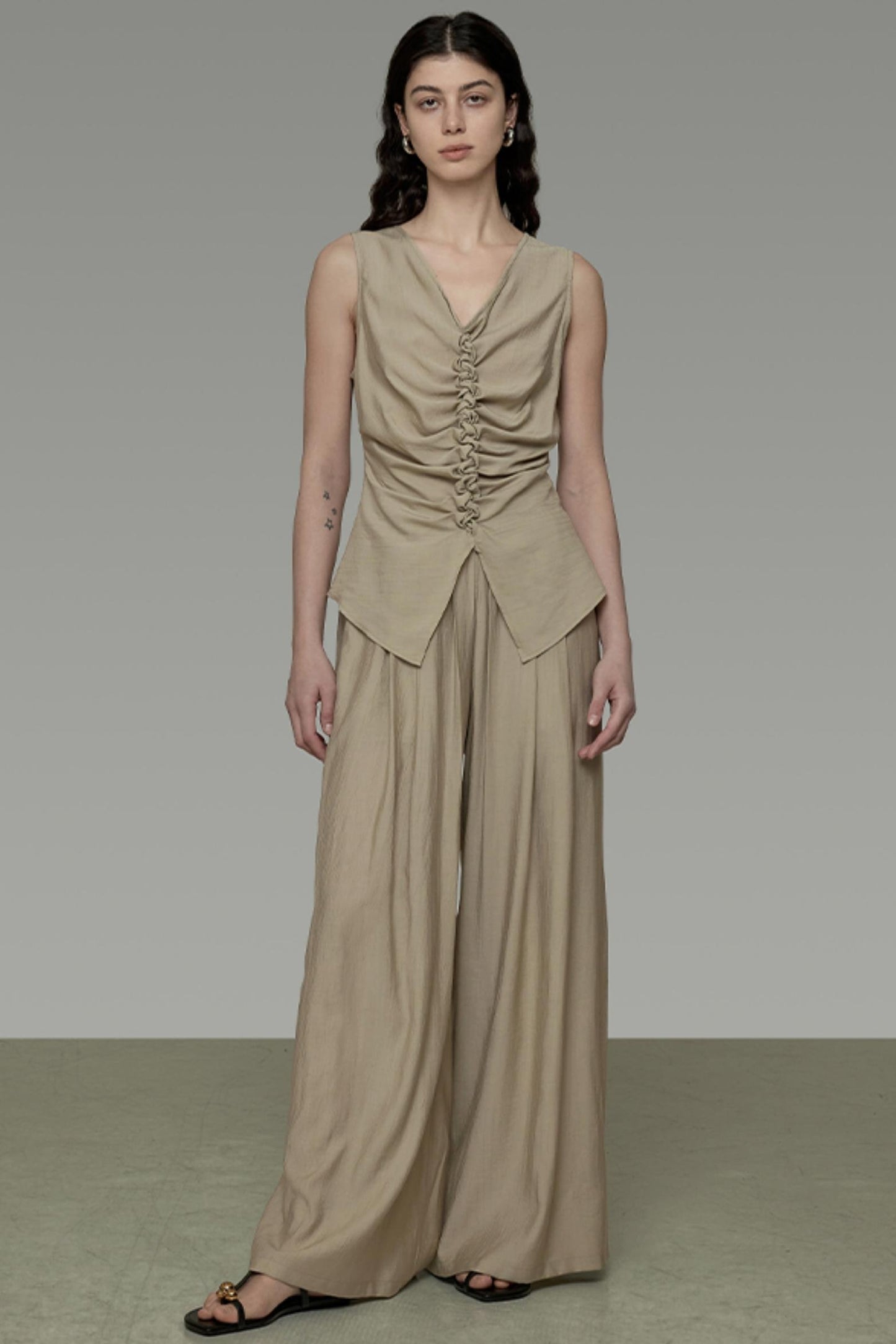 Khaki V-Neck Sleeveless Top