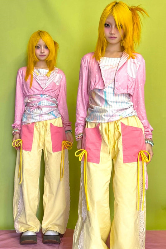 Pink Polka Dot Stripe Stitching Tie Short Jacket