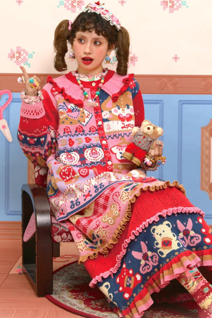 Rot-Marineblaue Jacquard-Strickjacke