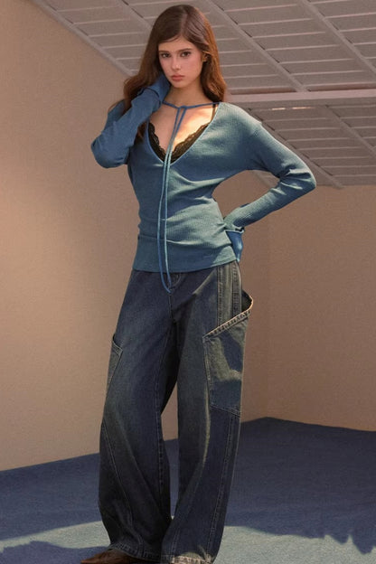Wide-Leg Diagonal Pocket Jeans