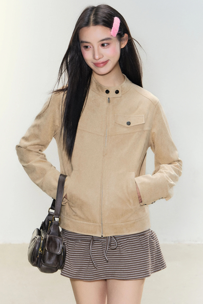 Bikerjacke aus Wildleder mit Stehkragen