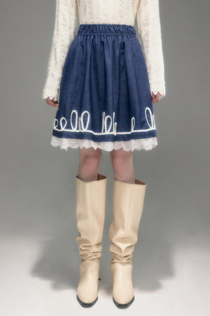 Embroidered Patchwork Denim A-Line Skirt