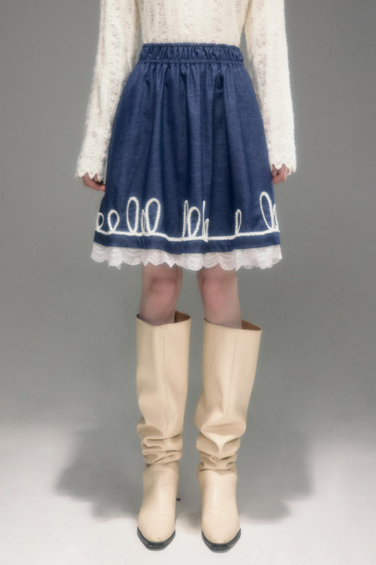 Embroidered Patchwork Denim A-Line Skirt