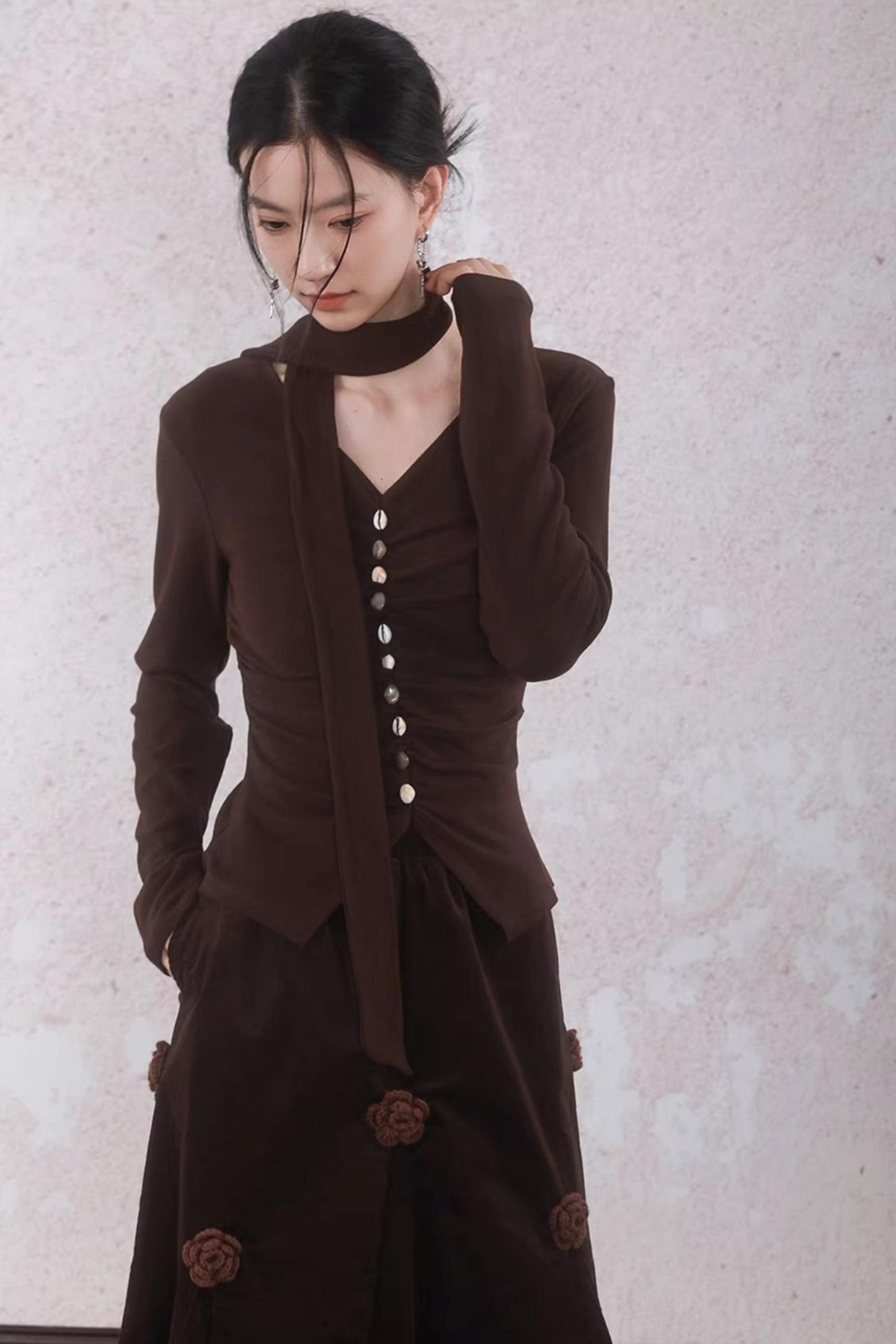 Caramel Coffee Shell Buckle Streamer Top