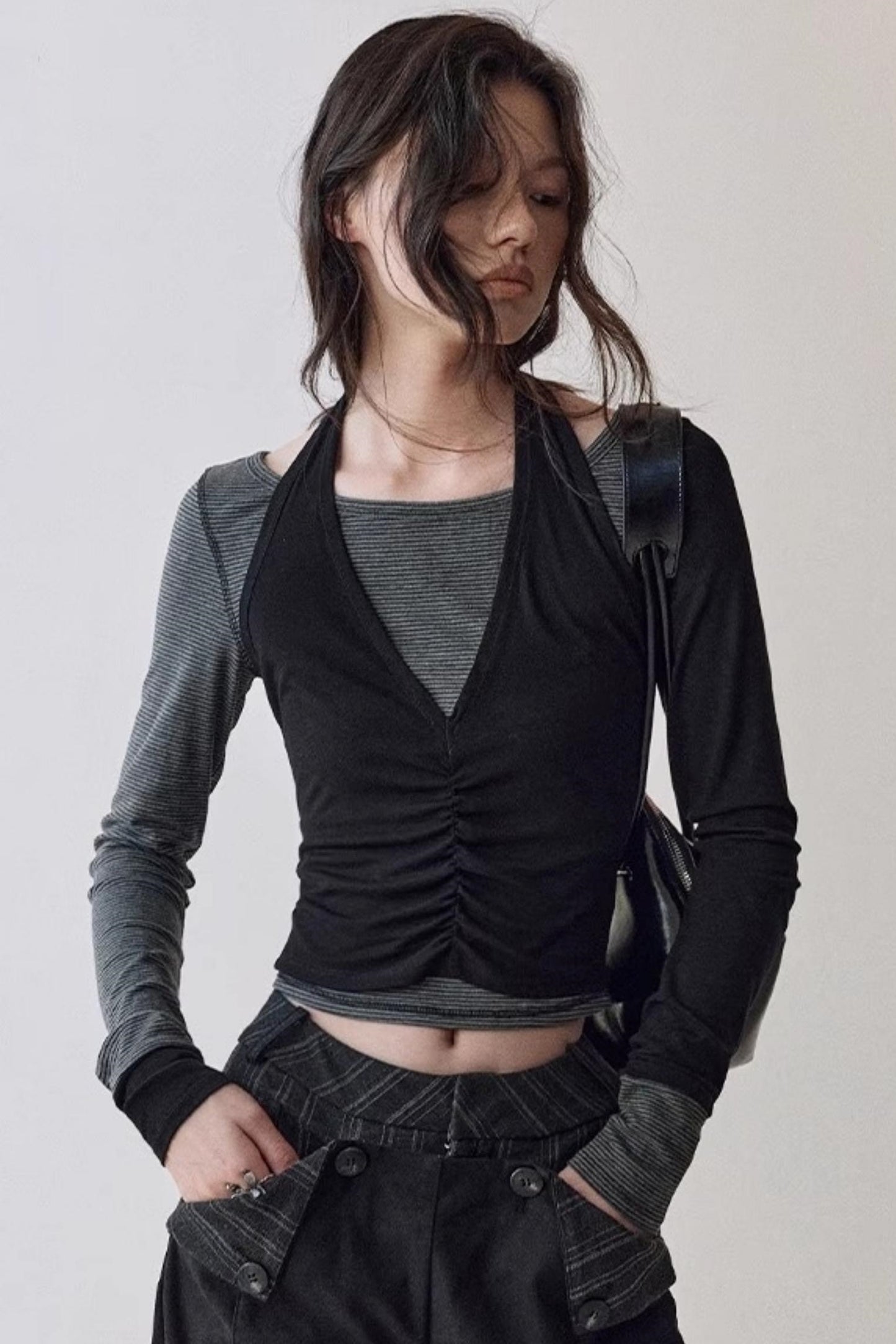 Striped Stitching Two-Piece Halterneck T-shirt