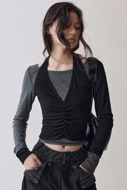 Striped Stitching Two-Piece Halterneck T-shirt