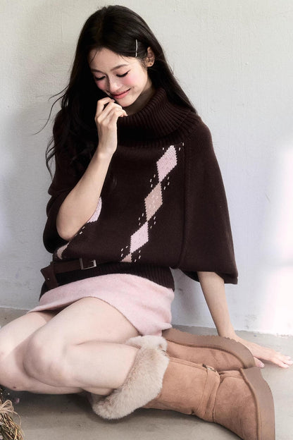 Retro Diamond Wool Knit Cape Sweater