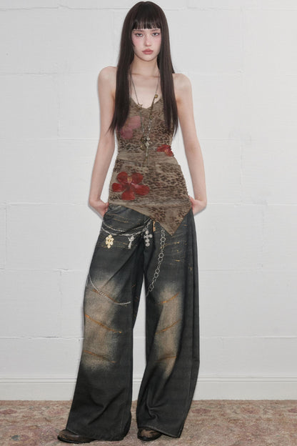 Padded Slim Strap Neck Print Top