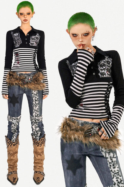 Light Punk Striped Patchwork Long Sleeve T-Shirt