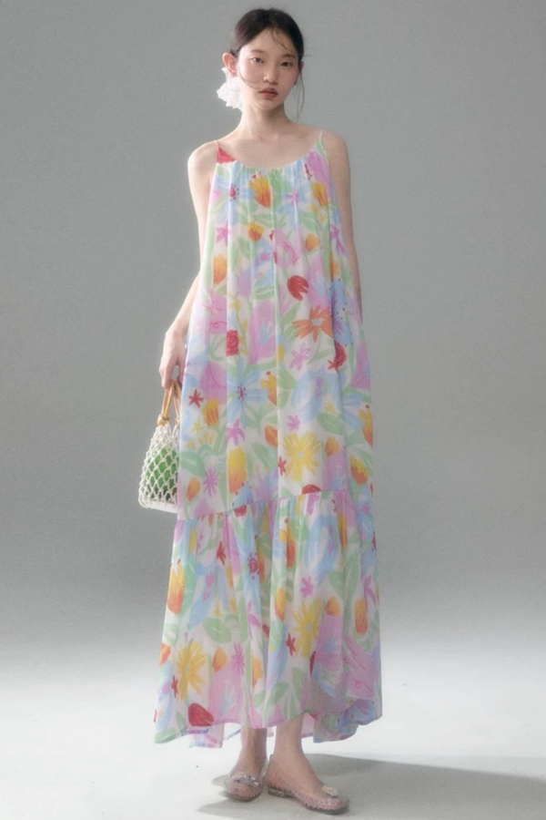 Hand-Painted Watercolor Flower Print Strap Dress