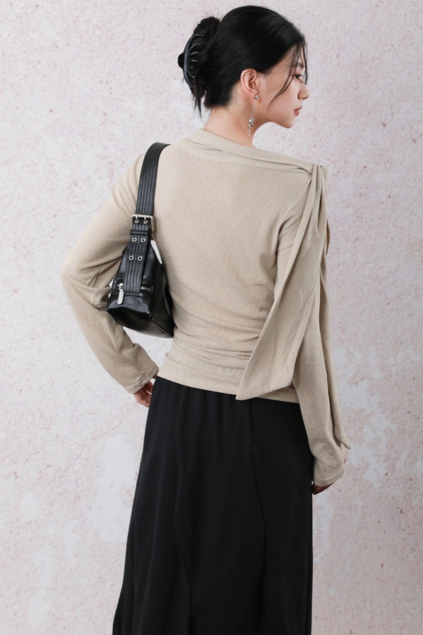 Milk Tea Long Sleeve One-Shoulder Top