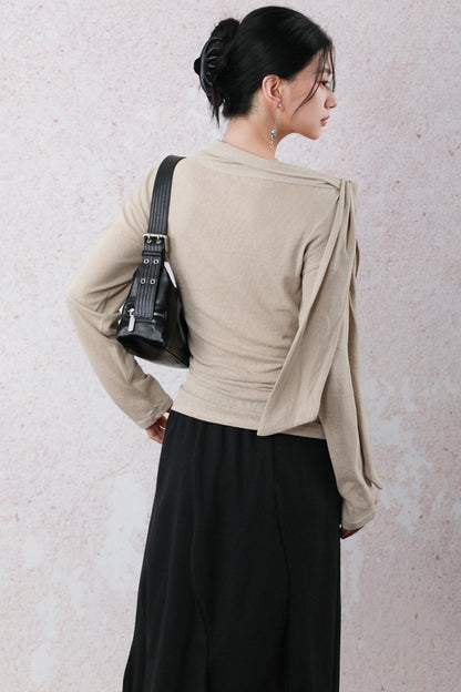 Milk Tea Long Sleeve One-Shoulder Top
