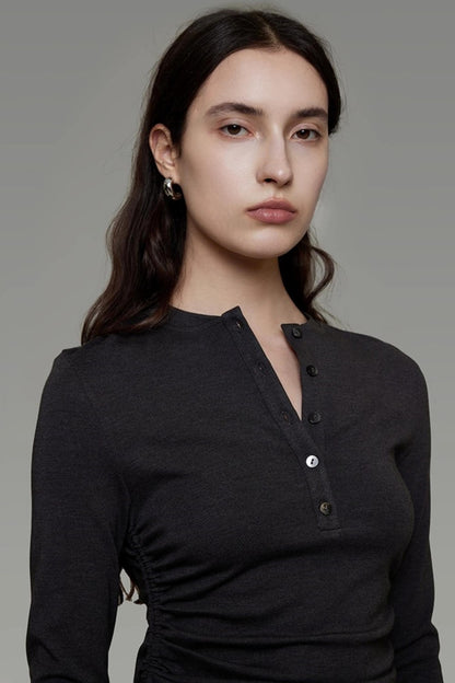 Pleated Long-Sleeve Dress