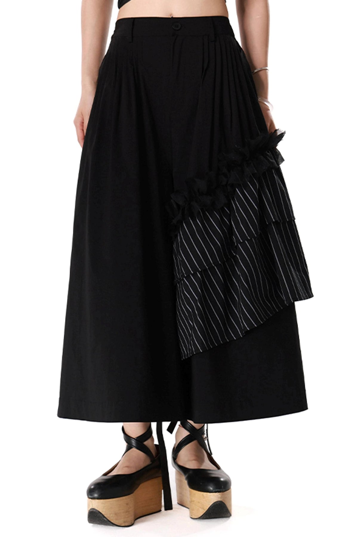 Irregular Black Gauze Striped Skirt Pants