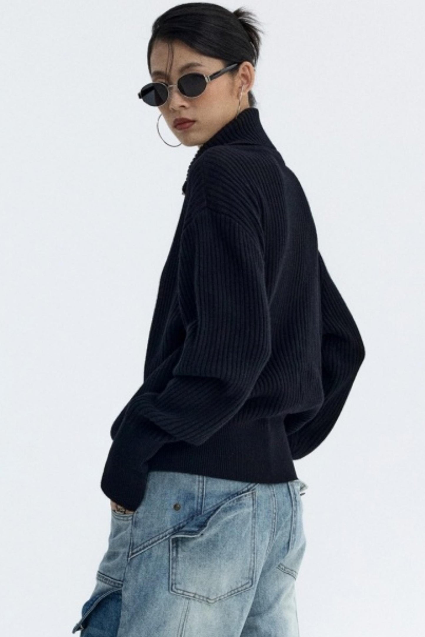 Slim Fit High-Neck Knit Cardigan