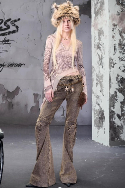 Beaded V-Neck Ruffled Skin Top