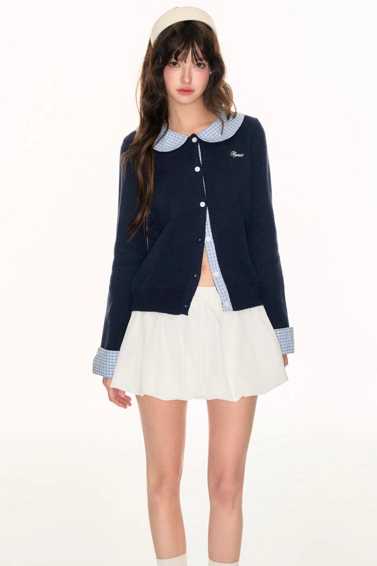 Panel Check Doll Collar Knit Sweater