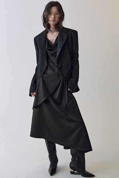 Pleated Swing Collar Waist Dress