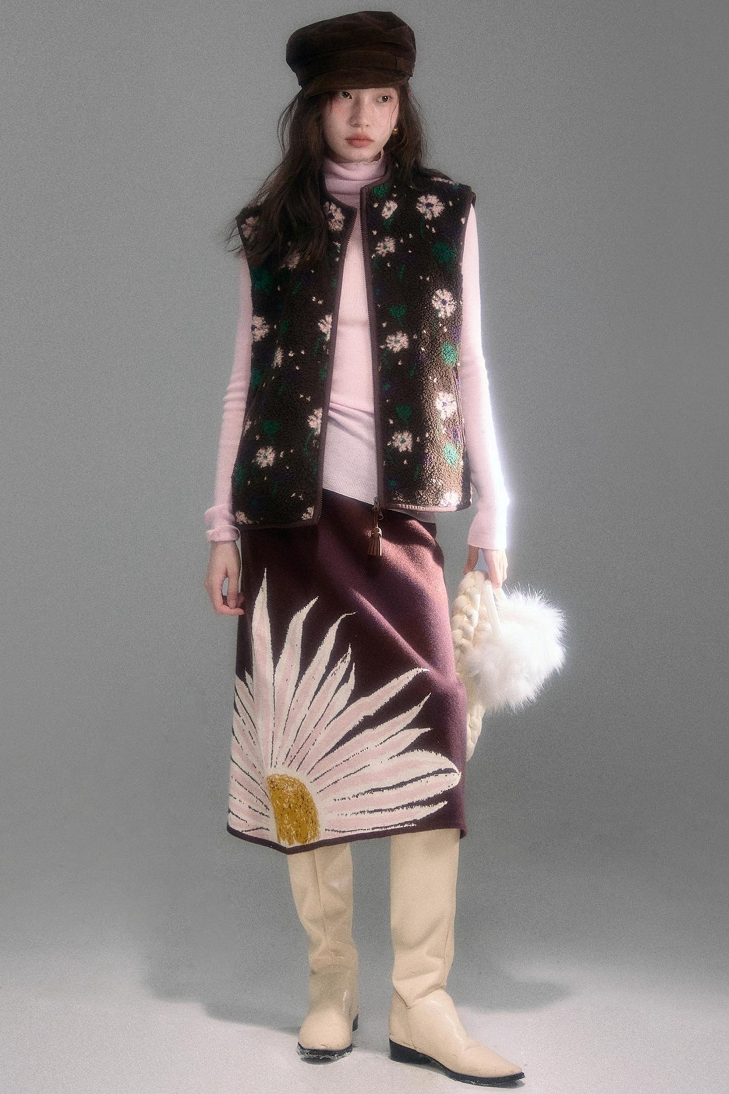 Floral Faux Lamb Wool Vest Jacket Set-Up