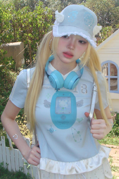 Blue Ruffle V-Neck Tee