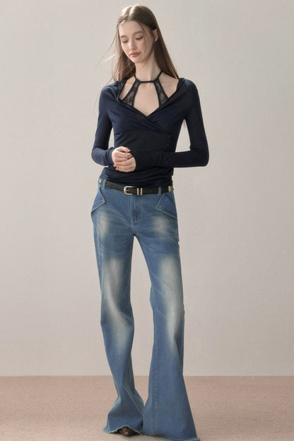 Vintage Letter Print Flared Jeans