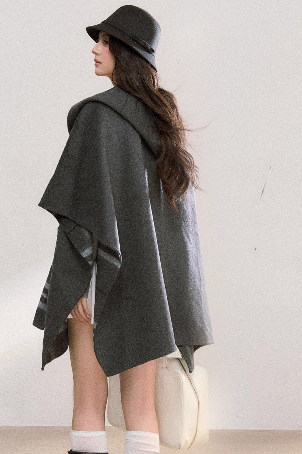 Gray Plaid Reversible Wool Cape Coat