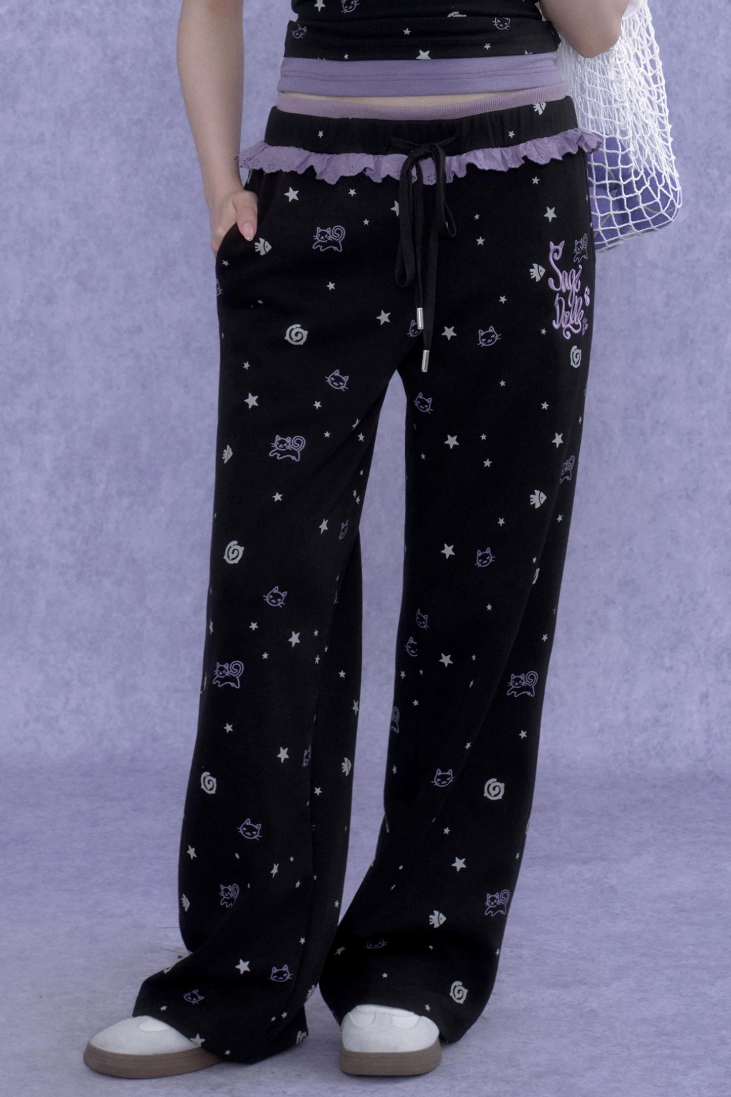 Black Purple Ruffle Print Pants Set-Up