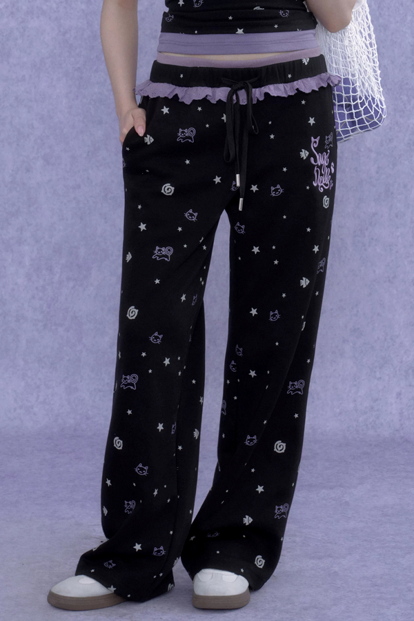 Black Purple Ruffle Print Pants Set-Up